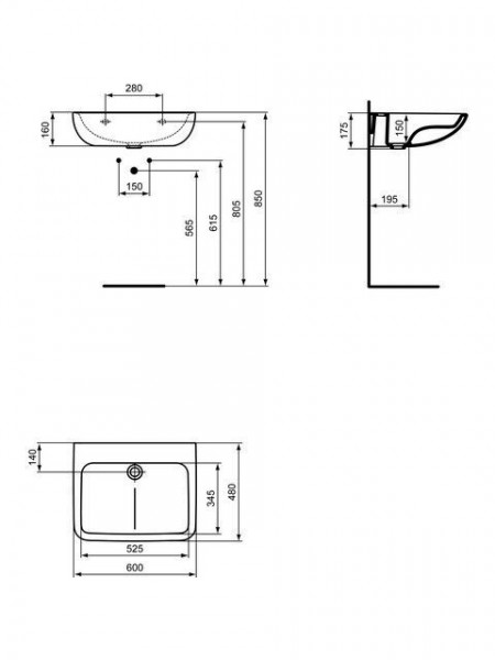 Ideal Standard Hangende Wastafel CONTOUR 21+ 1 Gat 600x480mm Wit