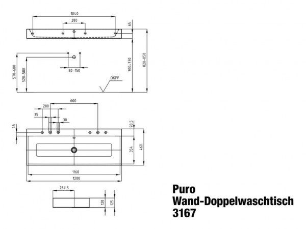 Kaldewei Dubbele wastafel hangend met overloop Puro (906806003)