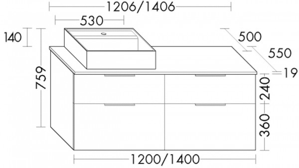 Set Meuble Salle De Bain Burgbad Eqio Lavabo droite/gauche, Meuble 4 tiroirs 1206x759mm Personnalisable SGUS120-PN258