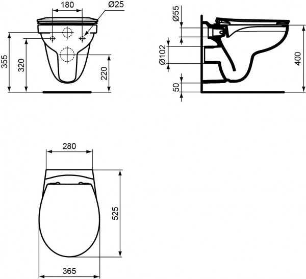 Ideal Standard Hangend Toilet EUROVIT Zacht Sluiten Holle bodem Randloos 355x520x350mm Wit