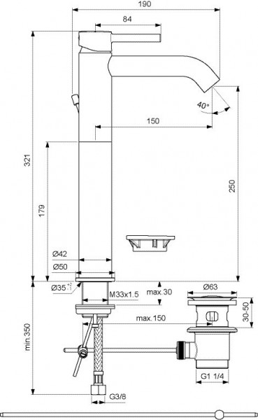 1 Gats Mengkraan Ideal Standard Ceraline met trekkoord en afvoerset150mm Chroom