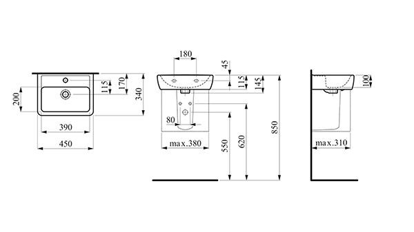 Fontein Toilet Laufen PRO A 1 gat, overloop 450mm Pergamon