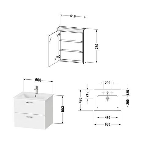 Badkamermeubel Set Duravit XBase Wastafel met badmeubel en spiegelkast, linkse versie 630mm Natuu...