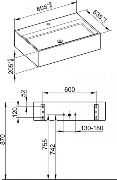 Hangende Wastafel Keuco Edition 90, 1 gat, 805x205x535mm, Keramiek Grijze Lei