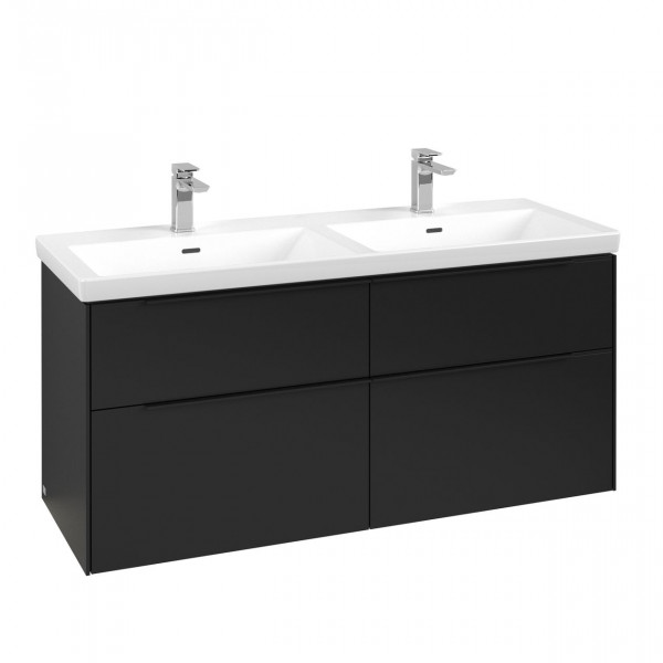 Villeroy & Boch Subway 3.0 wastafelonderkast 130x55x45cm met Volcano Black greep 4 softclose lades met LED verlichting 2 sifonuitsparingen links en rechts spaanplaat volcano black