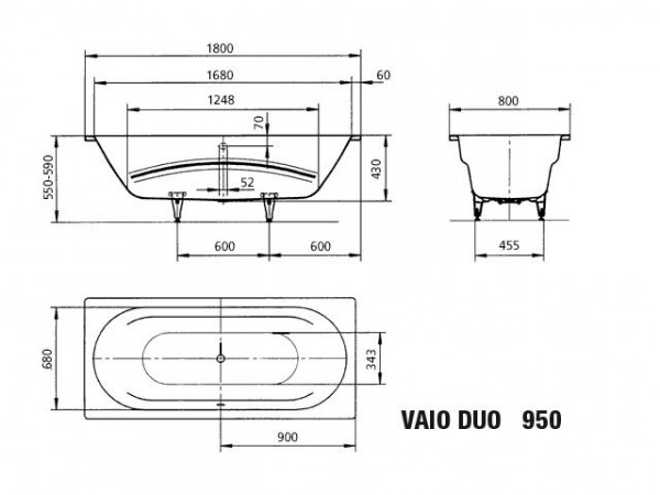 Kaldewei Standaard Bad model 950 met gat voor handgreep Vaio Duo Alpenwit (233010110)