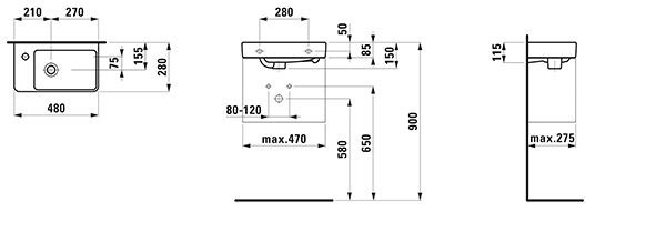 Fontein Toilet Laufen PRO S overloop, wastafel rechts 480mm Wit