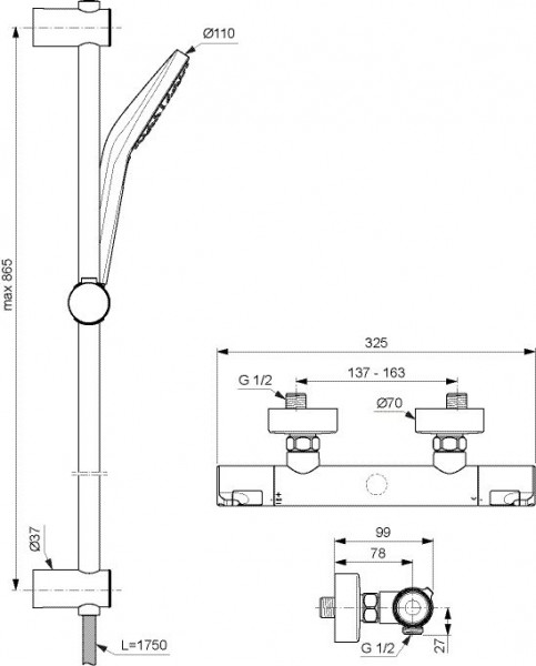 Doucheset Ideal Standard CERATHERM T50 Douchearm 900 mm Chroom