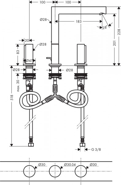 Axor Wastafelmengkraan 3 gaten 200 mm Uno