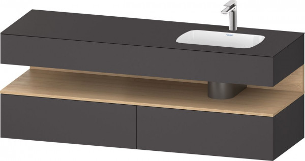 Set Meuble Salle De Bain Duravit Qatego Lavabo droite 1 trou, 2 tiroirs, 1 niche 1600mm Chêne Naturel Mat/Graphite Mat QA4796030490000