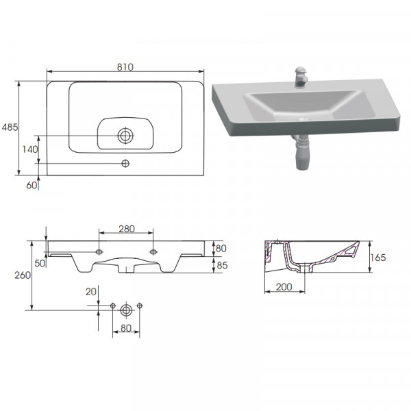 Meubelwastafel Cersanit MILLE 810x165mm Wit