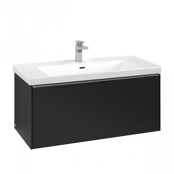 Villeroy & Boch Subway 3.0 wastafelonderkast 100x40x45cm met aluminium glanzende greep 1 softclose lade met LED verlichting 1 sifonuitsparing spaanplaat volcano black c569l0vl