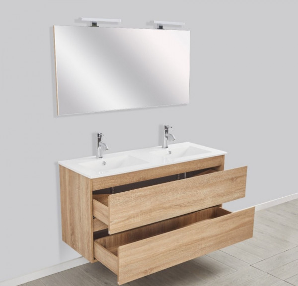 Ensemble Meuble Salle de Bain Allibert BAZIL 2 tiroirs avec lavabo double, miroir 1200mm Chêne Hamilton
