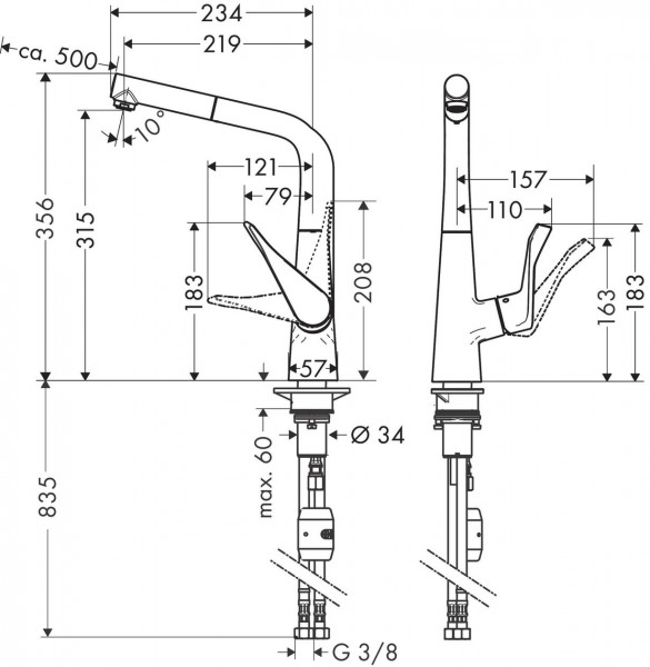 Hansgrohe Metris 1-gr keukenmkr 320 met uittrekbare uitloop chroom 14781000