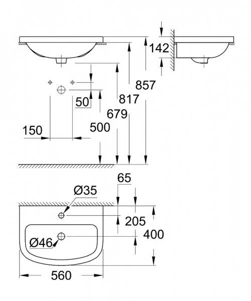 Grohe Wastafel Onderbouw Bau Keramik ingebouwde wastafel Montage van bovenaf 55cm Alpenwit 39422000