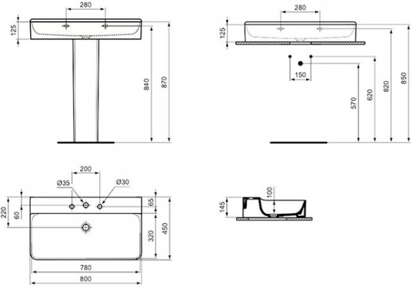 Ideal Standard Hangende Wastafel CONCA geslepen, 3 Gaten 800x145x450mm Wit