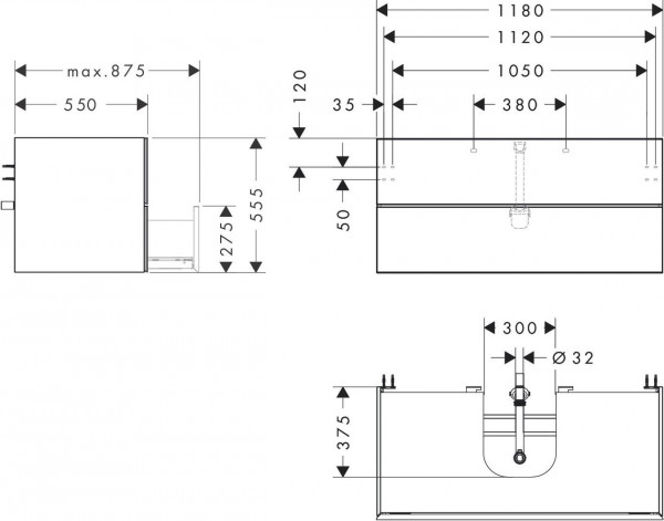 Wastafelmeubel Voor Opzet Waskom Hansgrohe Xevolos E 2 laden 1180x550x555mm Mat Leigrijs/Brons