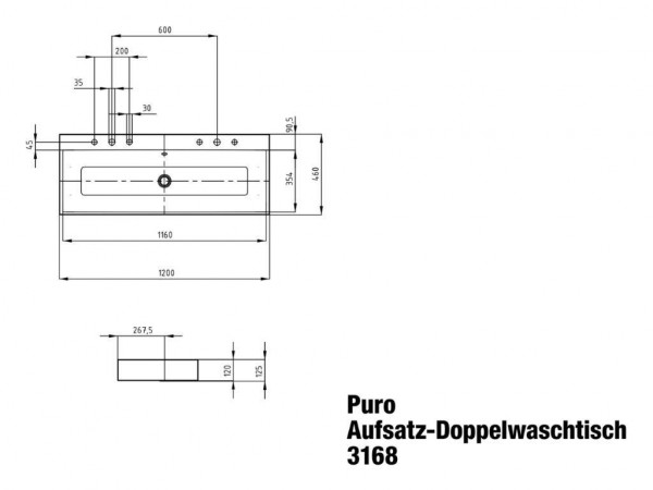 Countertop wastafel Kaldewei , model 3168 met overloop Puro (907006003)