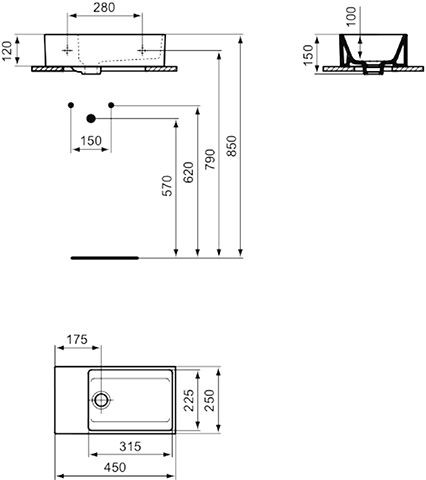 Ideal Standard Fontein Toilet EXTRA geslepen, met overloop, rechts 450x150x250mm Wit