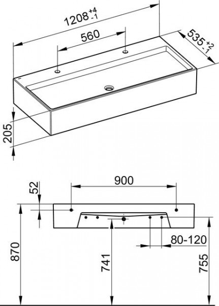 Dubbele Wastafel Keuco Edition 90, 2x1 gat, 1208x205x535mm, Mineraal Gietijzer Wit