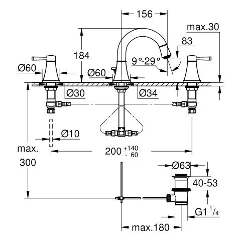 Vrijstaande Fonteinkraan Grohe Grandera 3 gaten 184mm Chroom