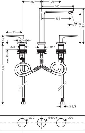 Hansgrohe Metropol 3-gats wastafelkraan 160 met push open waste met voorsprong vaste uitloop 15.2cm mat zwart 32515670