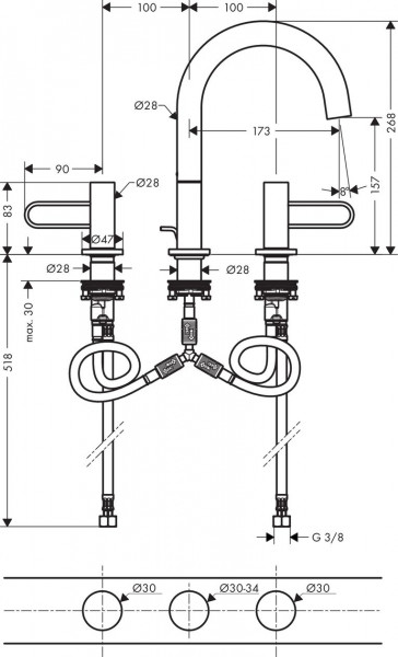 Axor Wastafelmengkraan 3 gaten 200 mm Uno