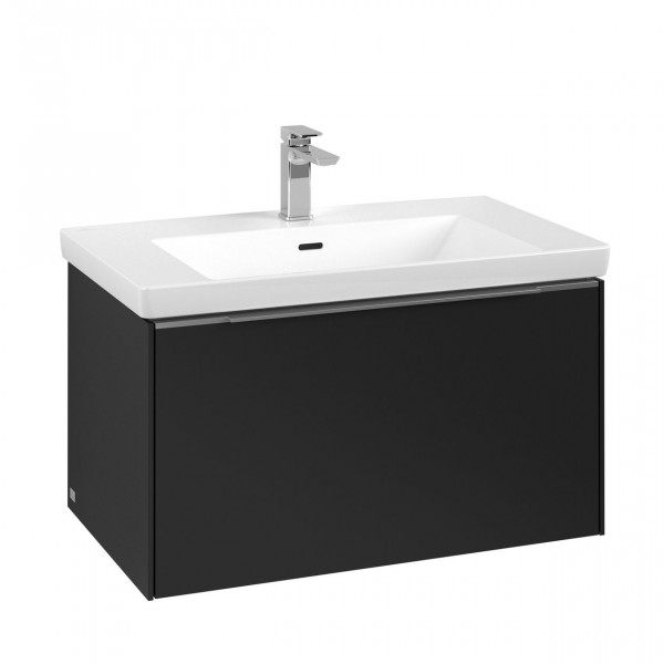 Villeroy & Boch Subway 3.0 wastafelonderkast 80x40x45cm met aluminium glanzende greep 1 softclose lade 1 sifonuitsparing spaanplaat volcano black c57300vl