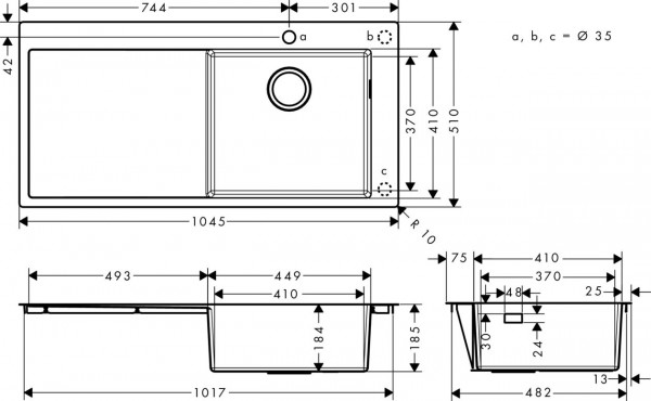 Hansgrohe S715-F450 Ingebouwde spoelbak 450mm met afvoer S71 (43306800)