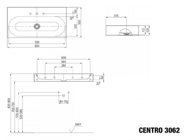 Kaldewei Hangwastafel zonder overloop Centro (903506003)