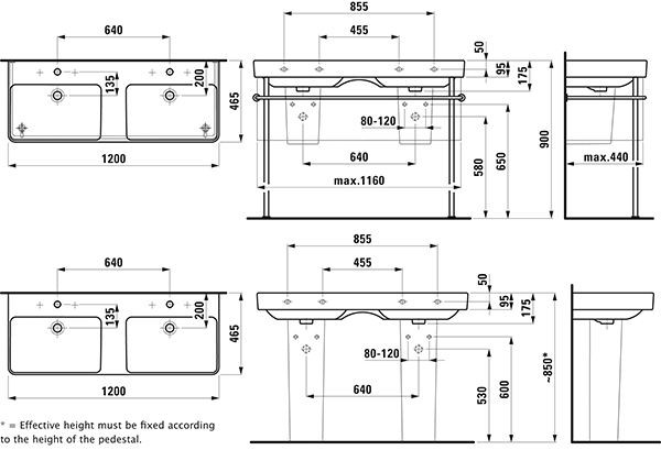 Dubbele Wastafel Laufen PRO S 3 gaten, overloop 1200x175x465mm Wit Clean Coat