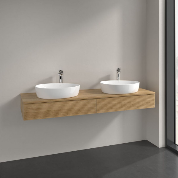 Meuble Double Vasque Villeroy et Boch Antao avec Structure 2 x 1 trou 2 tiroirs en longueur 1600x190x500mm Honey Oak