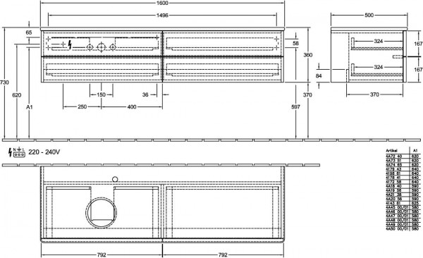 Wastafelmeubel Voor Opzet Waskom Villeroy en Boch Antao 1600x360x500mm Stone Grey Matt Lacquer