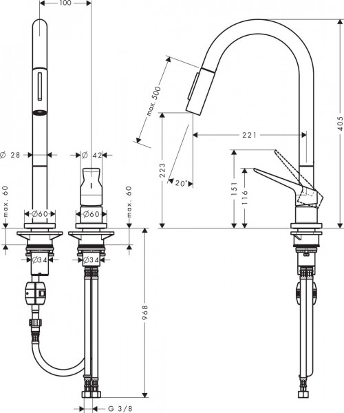 AXOR Citterio 2-gats ééngreeps keukenmengkraan met uittrekbare vuistdouche 40,5 cm, chroom